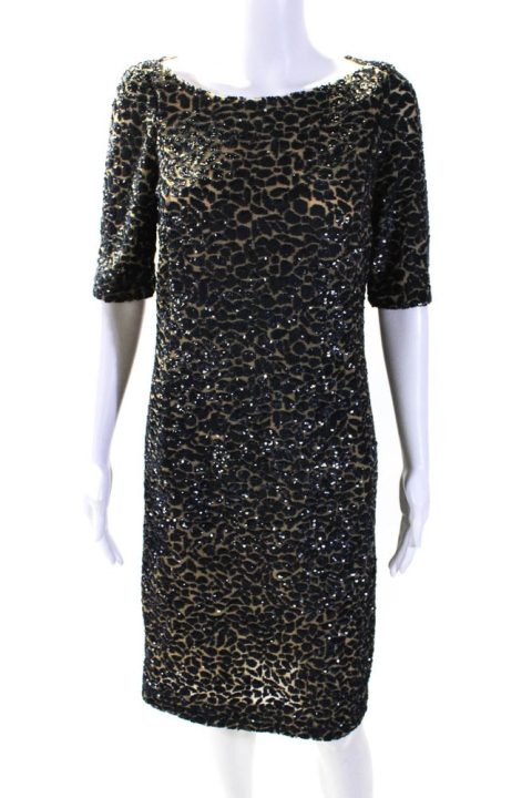 Michael Kors Collection Womens Short Sleeve Mesh Sequin Dress Brown Navy 7833462702140