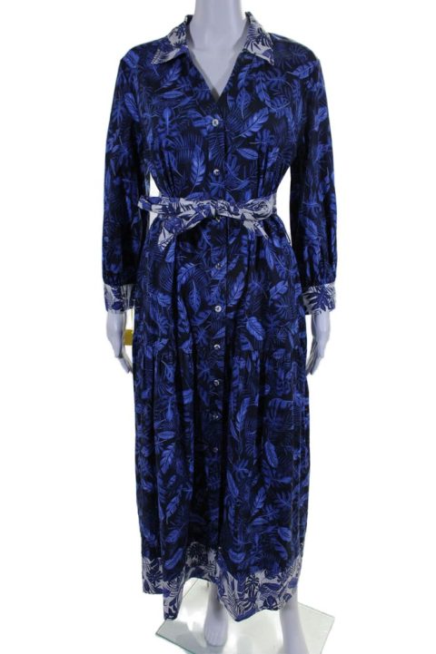 Purotatto Womens Floral Buttoned Collared Tiered Belted Dress Blue 7833458507836