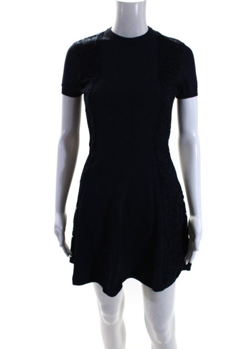 Valentino Womens Navy Blue Lace Trim Short Sleeve Fit & Flare Dress 7833479381052