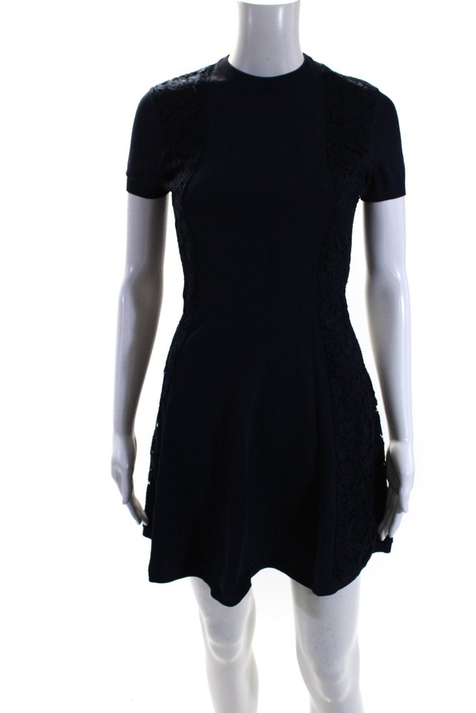 Valentino Womens Navy Blue Lace Trim Short Sleeve Fit & Flare Dress 7833479381052