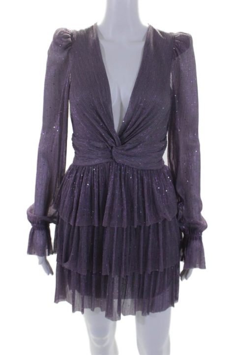Sabina Musayev Womens Glittery Purple Pleated Belt Long Sleeve Shift Dress 7833469911100