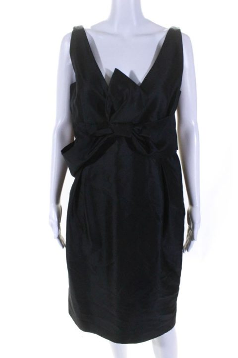 Kiton Womens V Neck Bow Waist Sleeveless Dress Black Cotton Blend 7833481478204