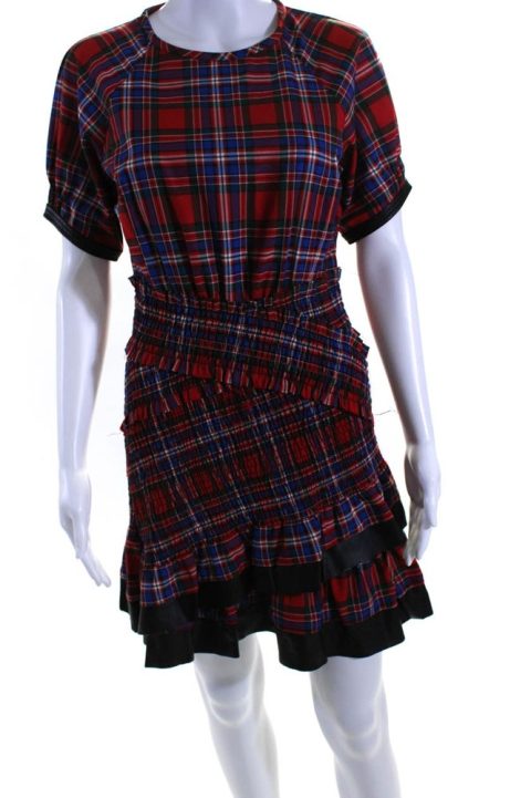 Tanya Taylor Womens Asymmetric Smocked Plaid Sheath Dress Red Blue Green 7833492488252