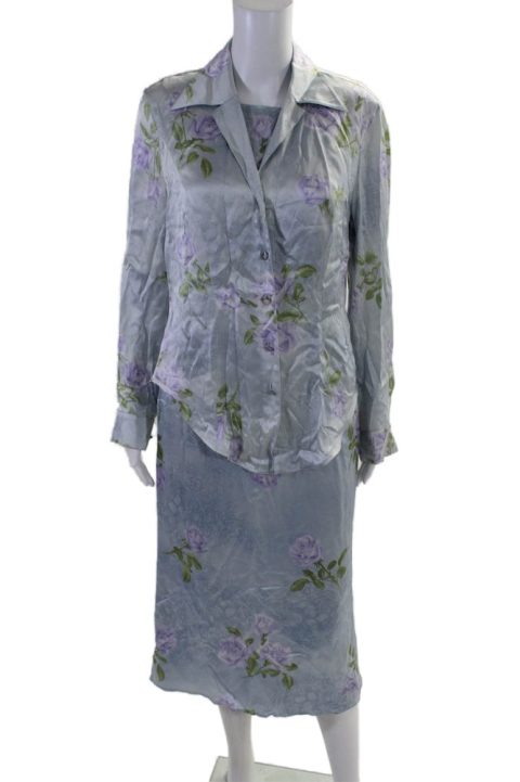 Escada Womens Silk Charmeuse Floral Print Pencil Dress Set Light Blue 7833502285884