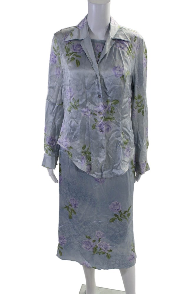 Escada Womens Silk Charmeuse Floral Print Pencil Dress Set Light Blue 7833502285884