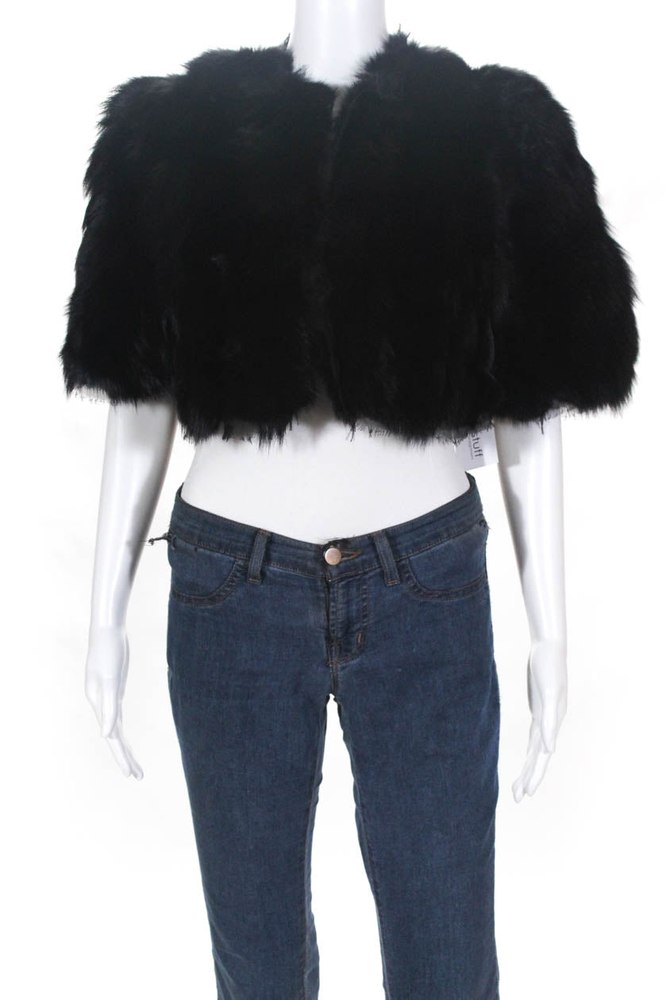 Roberto Cavalli Womens Fox Fur Fringe Cropped Coat Black 7833498583100