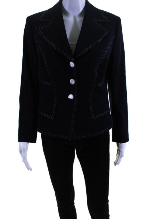 Escada Womens Wide Lapel Button Down Suit Jacket Navy Blue Wool 7833502548028