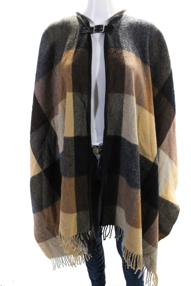 Bogner Womens Multi Brown Plaid Buckle Fringe Detail Poncho Jacket 7833520570428