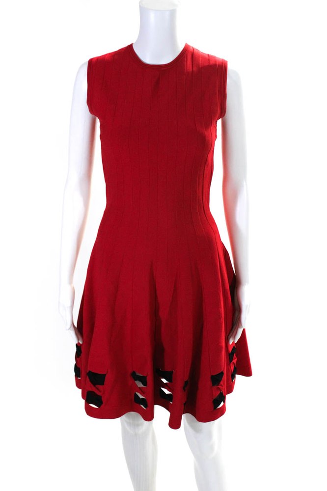Alexander McQueen Womens Knit Cut Out Sleeveless A-Line Dress Red Black 7833518407740