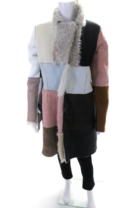 Kervin Marc Womens Leather Multicolor Patchwork Collar Shearling Coat 7833543082044