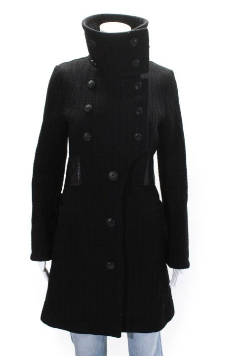 Mackage Womens Wool Leather Belt Button Up Mid Length Trench Coat Black 7833547210812