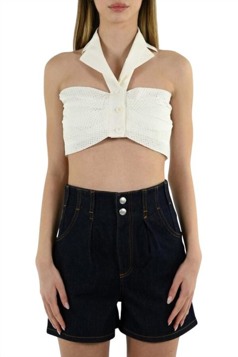 Draped Crop Top In Stretch Poplin In White 7706133561404