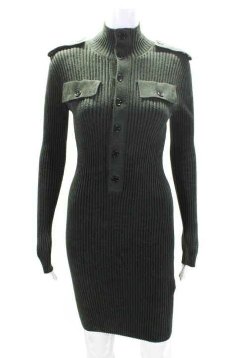 Bottega Veneta Womens Long Sleeve Ribbed Knit Sweater Dress Green 7833556058172