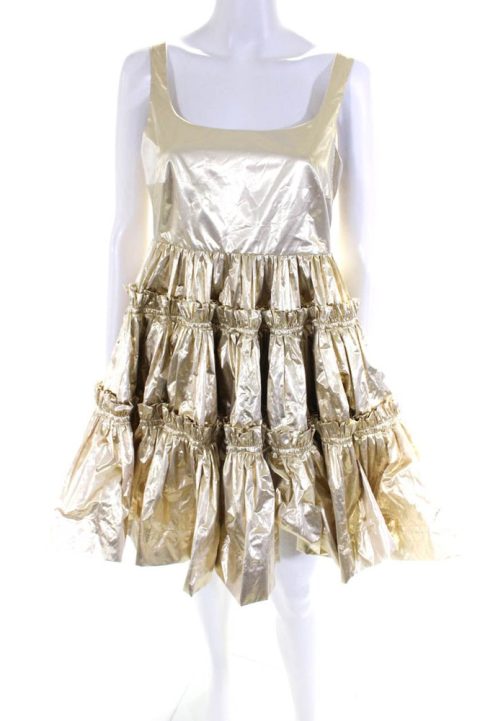 Molly Goddard Womens Lame Gathered Tiered Strap Dress – Gold 7833576636476