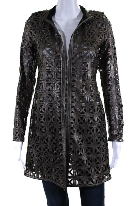 In Transit Womens Laser Cut Metallic Mesh Leather Jacket Brown Black 7833586630716