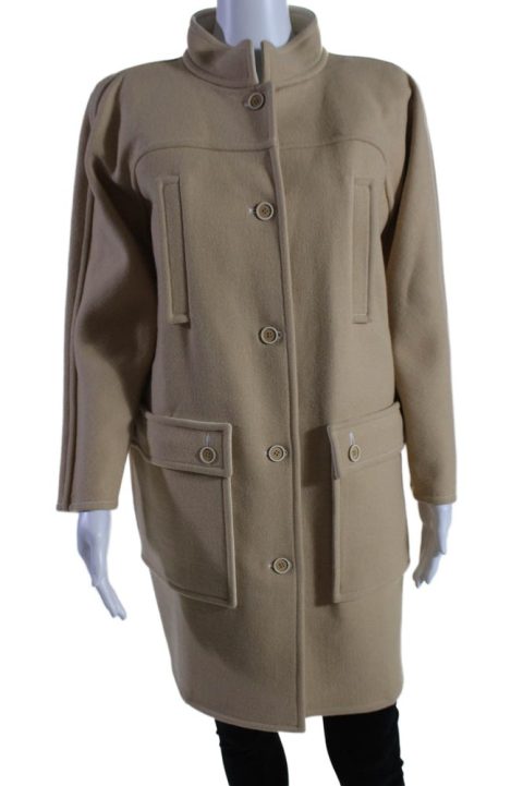 Courreges Womens Beige Wool Pockets High Neck Long Sleeve Coat 7833581092924