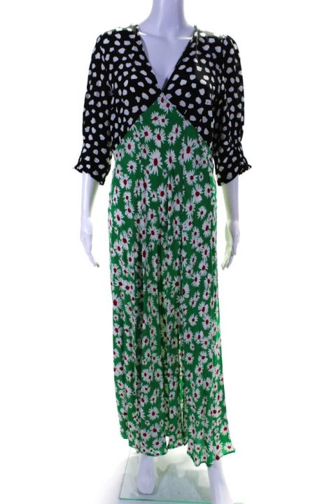 Rixo Womens Silk Patchwork Floral Polka Dot Side Slit Maxi Dress Green 7833587384380