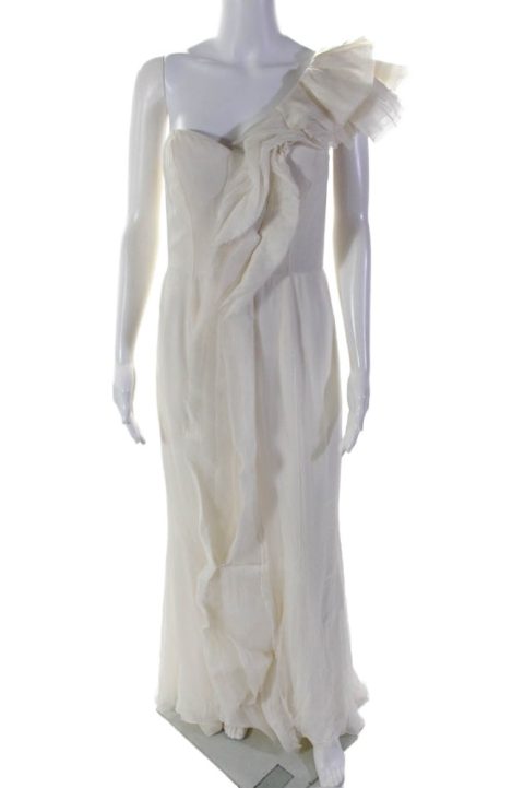 J. Mendel Womens Cream Ruffle One Shoulder Sleeveless Gown Dress 7833590071356
