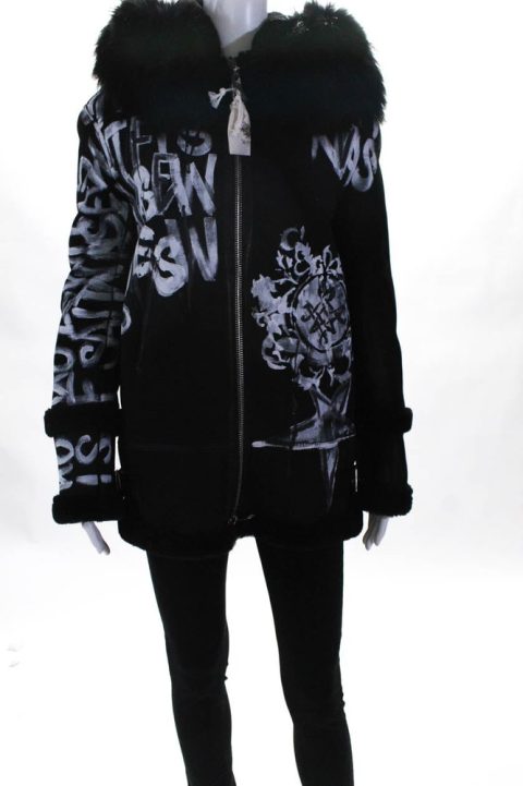 Mr & Mrs Italy Womens Shearling Racoon Fur Collar Painted Jacket Black 7833588465724