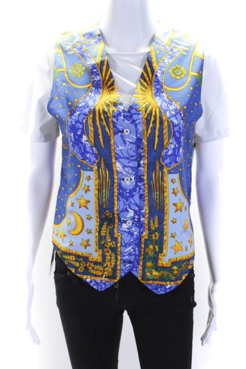 Hermes Womens Blue Gold Silk Graphic Print Four Button Vest Jacket 7833597476924