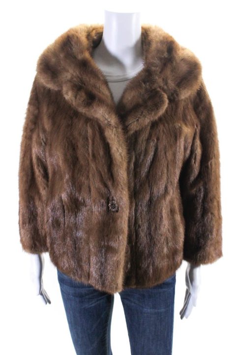 Alameda Womens Mink Fur Long Sleeve One Button Short Overcoat Brown 7833595379772