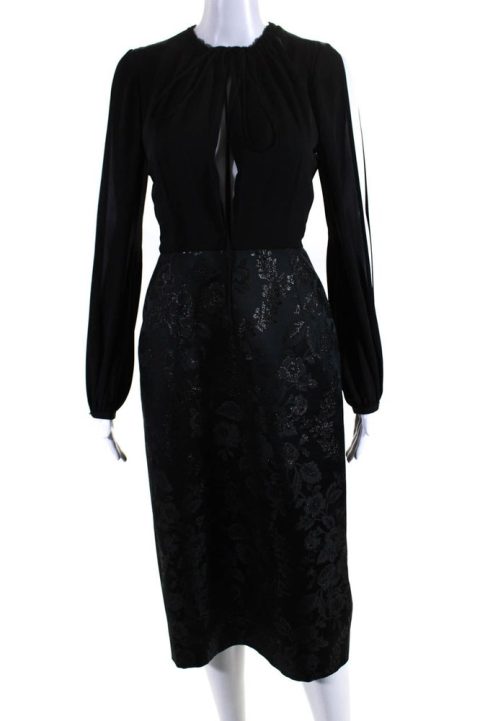 Dice Kayek Womens Floral Jacquard Long Sleeve Midi Slit Dress Black 7833609994300
