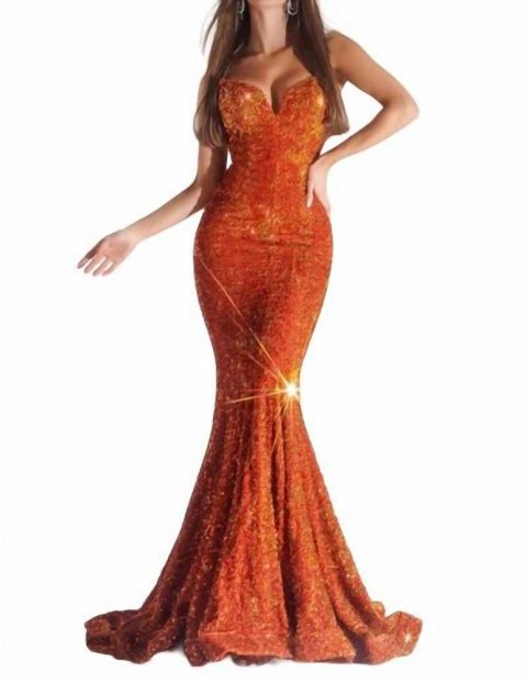 Strapless Sequin Mermaid Dress. In Burnt Orange 7833599934524