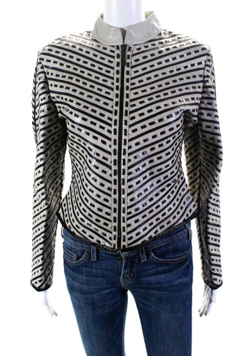 Natto Womens Woven Leather Stripe High Neck Full zip Jacket Gray Black Medium 7833614483516