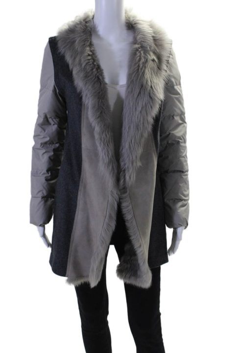 Fabiana Filippi Womens Long Sleeve Fur Collared Knit Puffer Jacket Gray XS 7833614843964