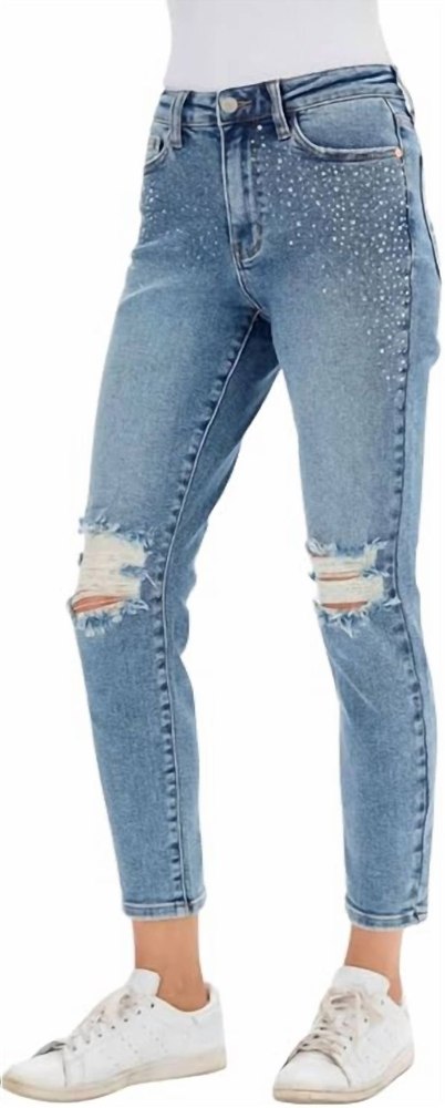 Rhinestone Slim Fit Jeans In Medium Wash 7706228949052