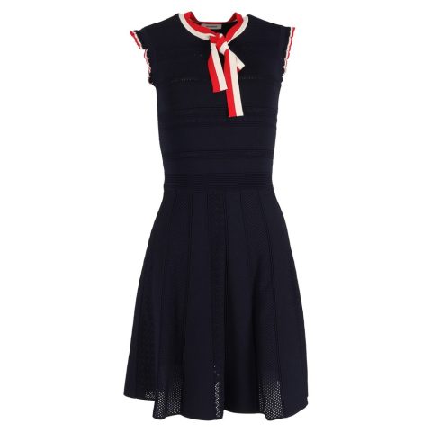 Sandro Paris Mini Fidelia Knitted Stripe Detail with Ribbon Dress in Navy Blue Viscose 7833632309308