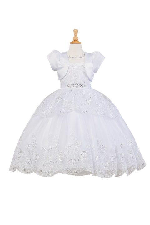 Big Girls White Bow Rhinestone Pearl Bolero Communion Dress 7-20
