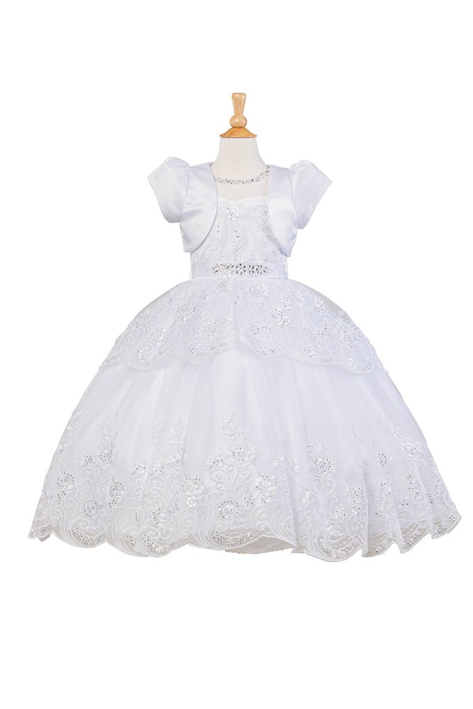 Big Girls White Bow Rhinestone Pearl Bolero Communion Dress 7-20