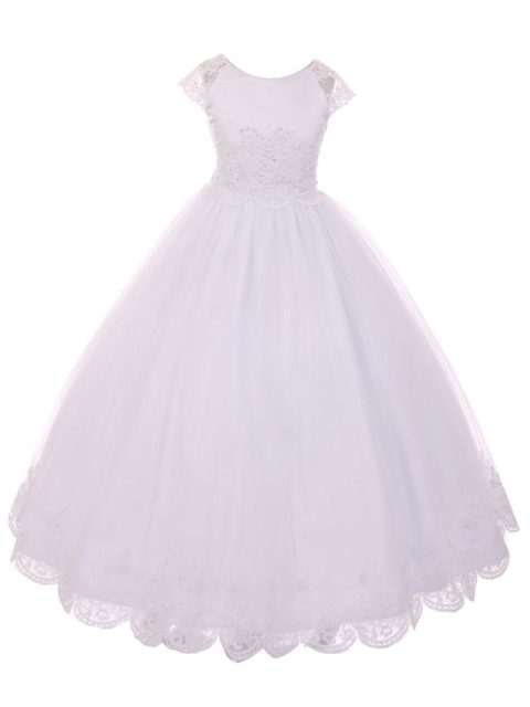 Big Girls White Satin Lace Junior Bridesmaid Communion Dress 7-20
