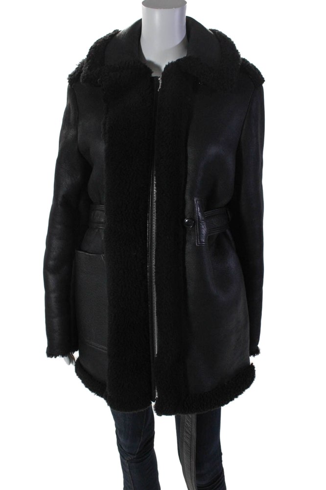 ACNE Studios Womens Leather Shearling Lined Double Zip Coat Black 7833638764604