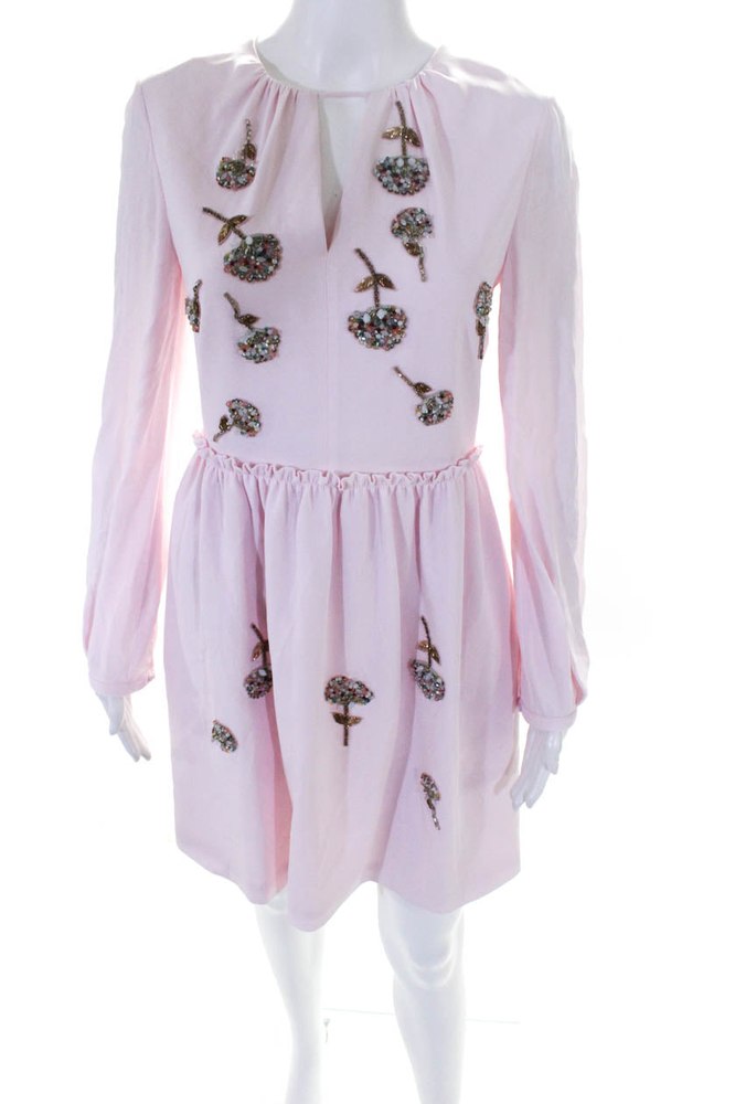 Dice Kayek Women’s Long Sleeve With Rhinestone Beaded Flower Dress Pink 7833641123900