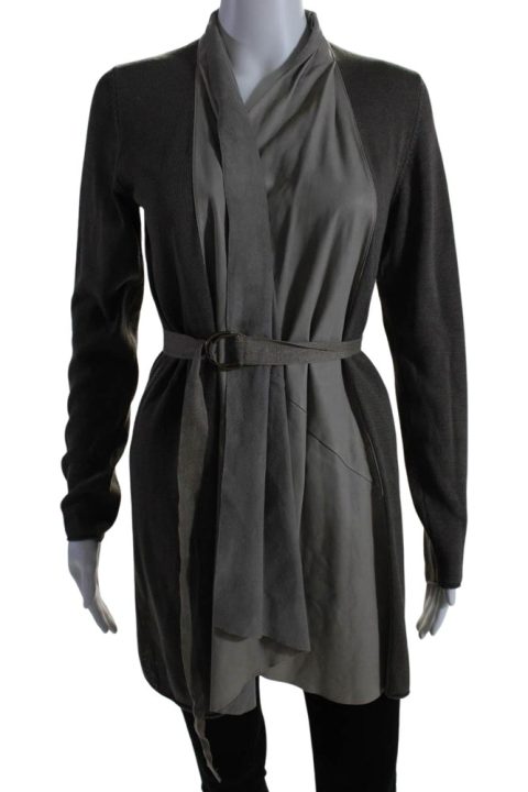 Brunello Cucinelli Womens Open Front Leather Trim Knit Jacket Brown Linen Large 7833651511356