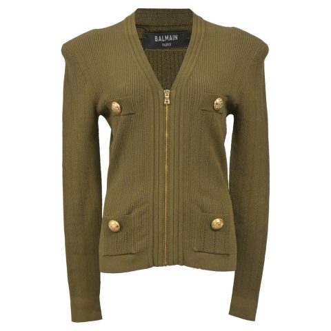 Balmain Zip Cardigan in Olive Green Wool 7833641025596