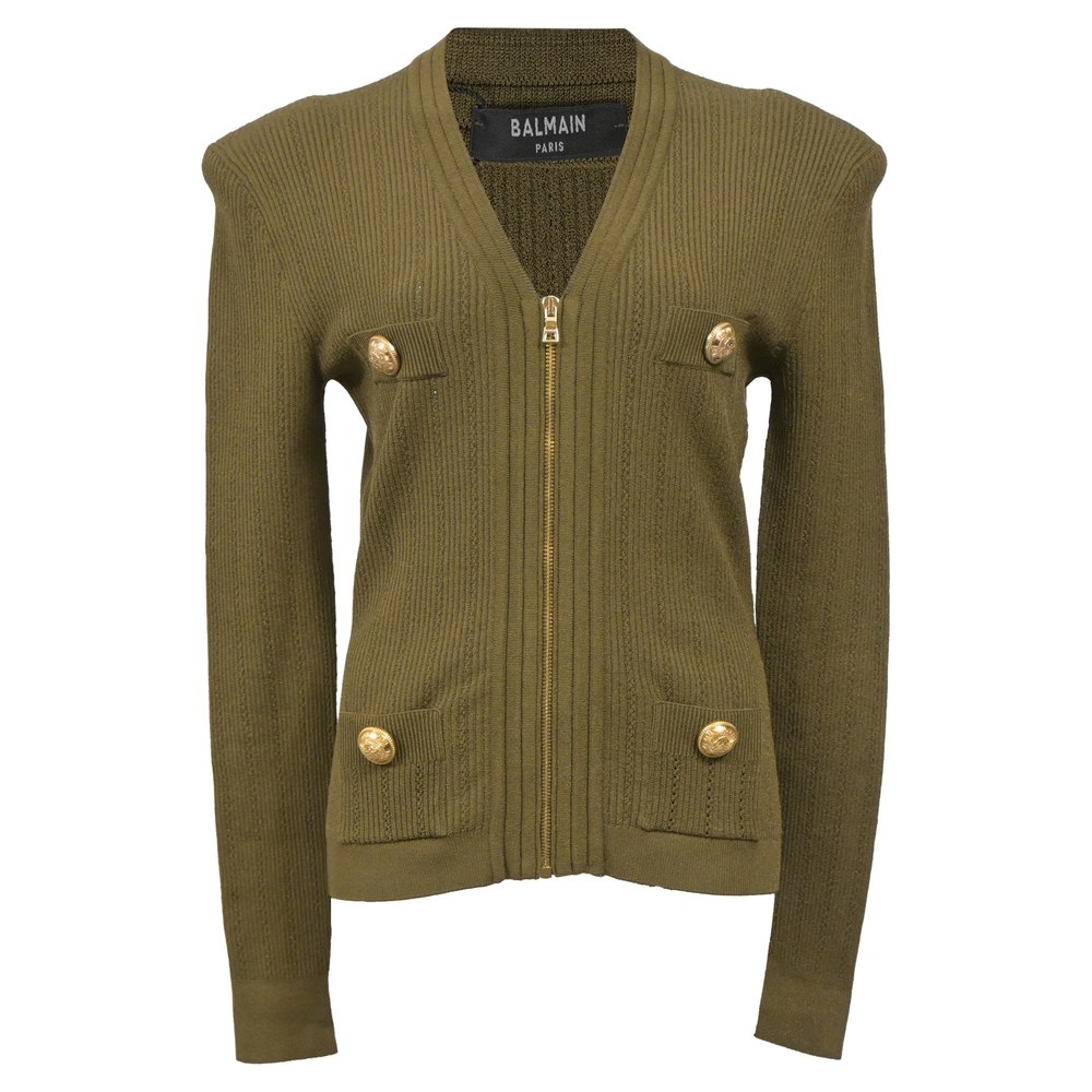 Balmain Zip Cardigan in Olive Green Wool 7833641025596