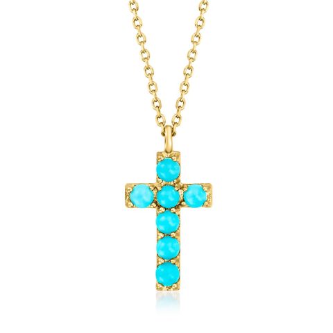 RS Pure by Ross-Simons 2mm Turquoise Cross Pendant Necklace in 14kt Yellow Gold