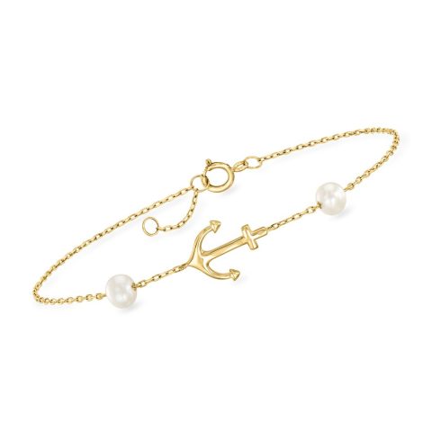 RS Pure by Ross-Simons 4-4.5mm Cultured Pearl Anchor Station Bracelet in 14kt Yellow Gold