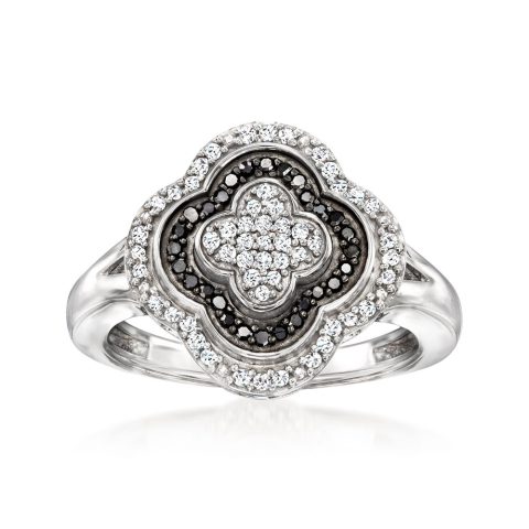 Ross-Simons Black and White Diamond Clover Ring in Sterling Silver. 7707792474172