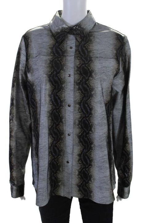 Blue Ice Womens Gray Armani Paper Print Long Sleeve Button Down Shirt 7833662488636