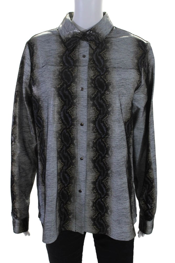 Blue Ice Womens Gray Armani Paper Print Long Sleeve Button Down Shirt 7833662488636