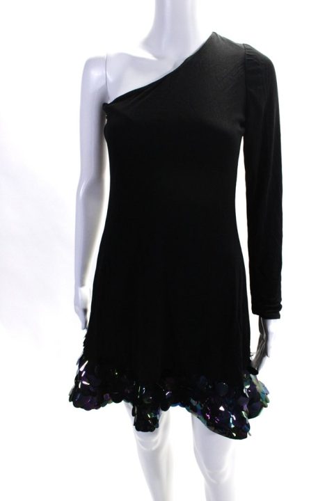 CD Greene Womens One Shoulder Long Sleeve Sequin Trim Dress Black 7833667665980
