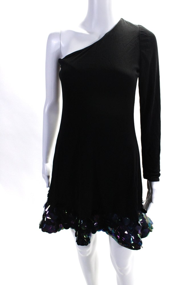 CD Greene Womens One Shoulder Long Sleeve Sequin Trim Dress Black 7833667665980
