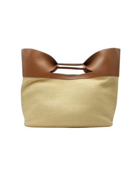 Alexander McQueen The Bow Tote Bag in ‘Natural’ Beige Raffia and Tan Calfskin Leather 7707797127228