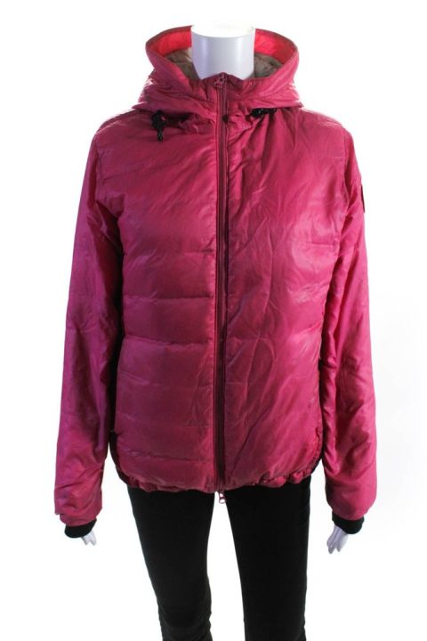 Canada Goose Womens Striped Zipped Long Sleeve Hooded Puffer Coat Pink 7833674842172