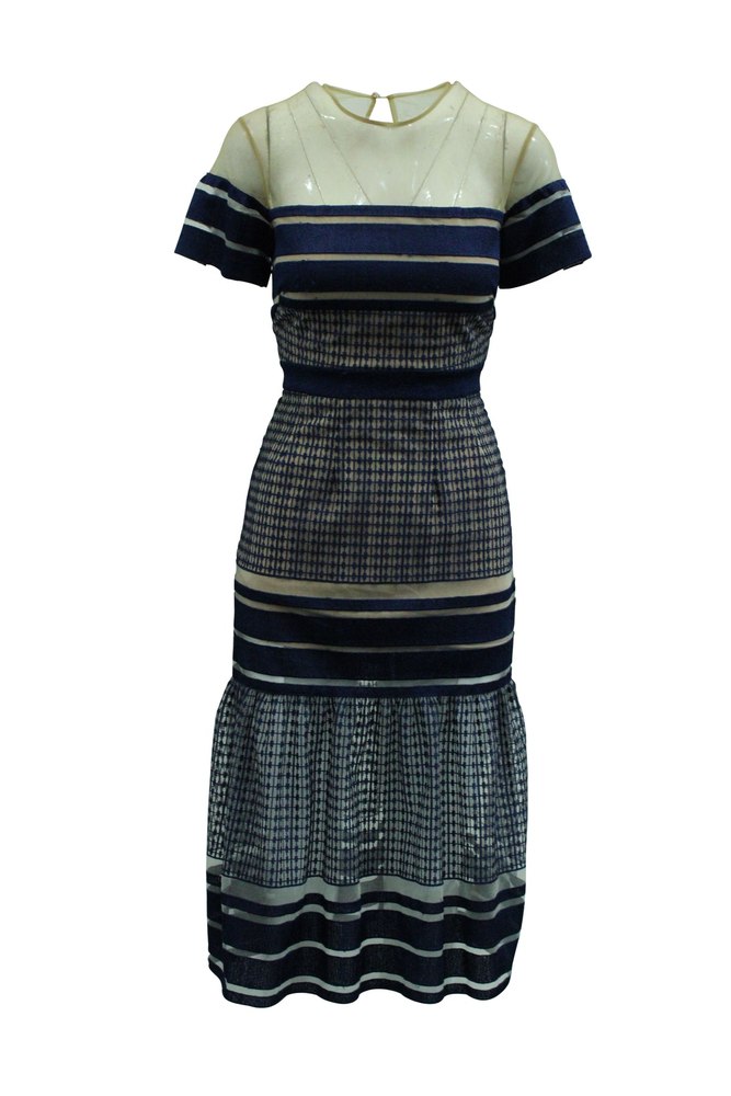 Self Portrait Striped Mesh Column Dress in Multicolor Polyester 7833676251196