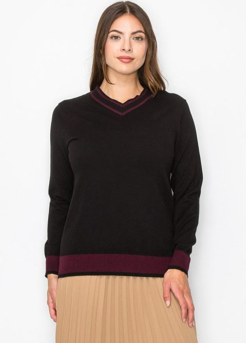 Black Knit Sweater with Burgundy Trim 7833684639804